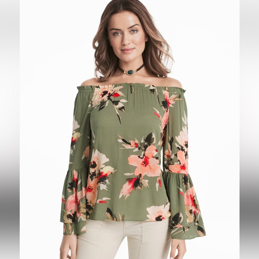 WHBM | Green Floral Off the Shoulder Top | XS